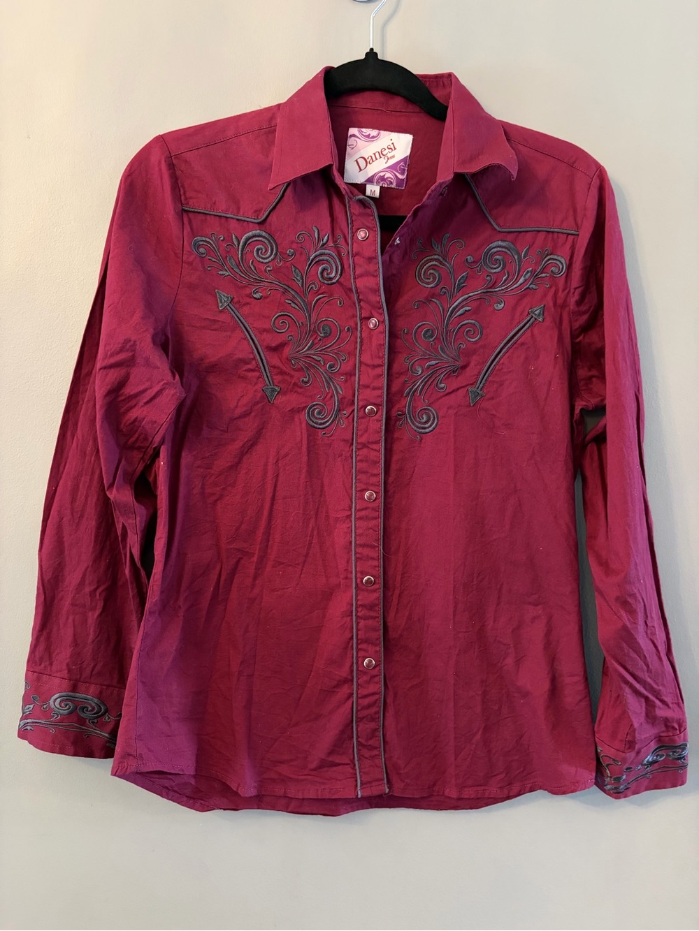 Western Shirt Pearl Button Burgundy Embroidered Button-Down Shirt